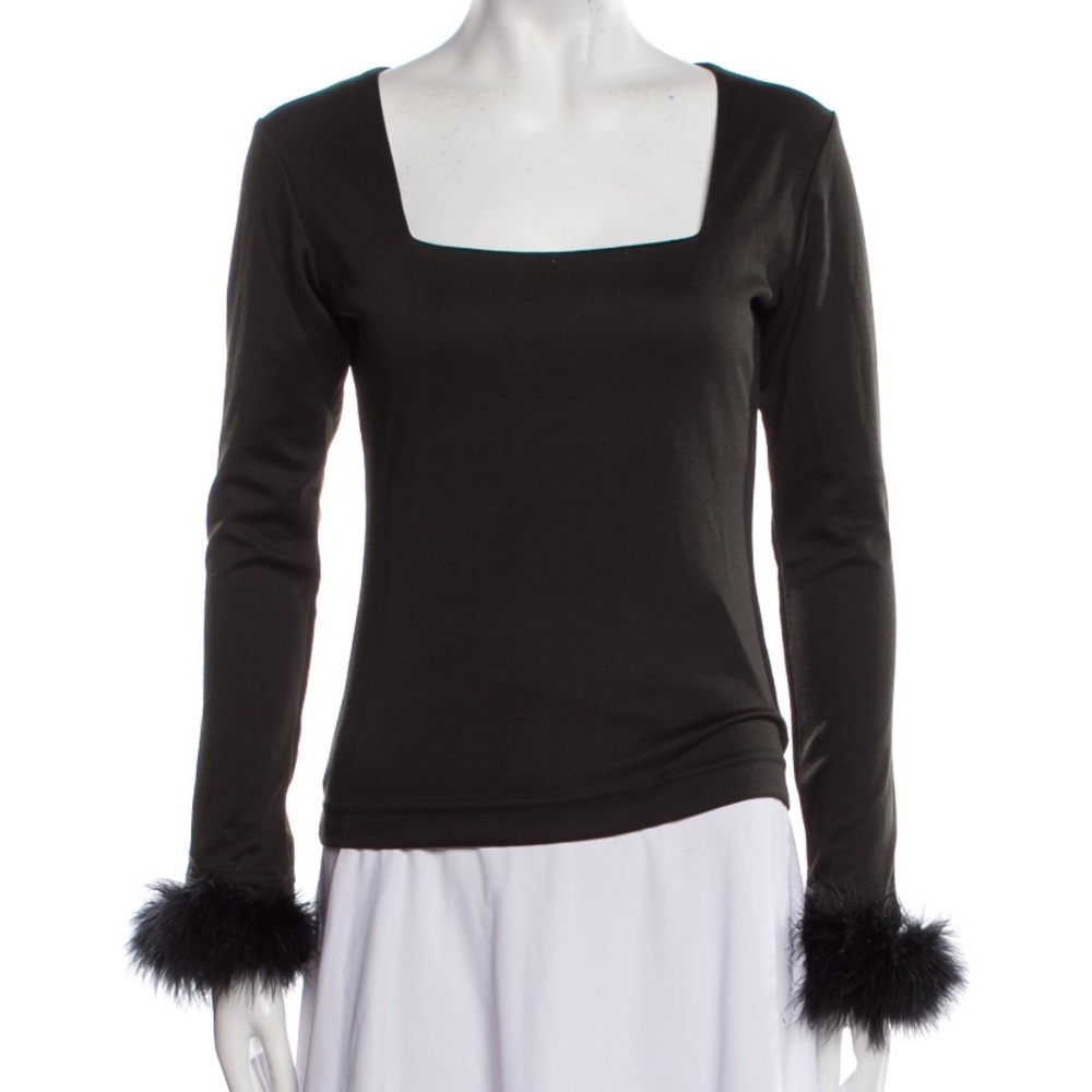 Sleeper Black Feather Cuffs Trim Long Sleeve with Square Neckline Top SZ S